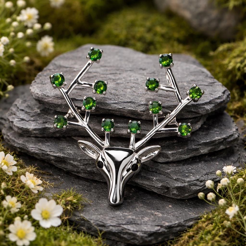 Stag Brooch with Diopside in 925 Sterling Silver Celtic Dragon Jewellery