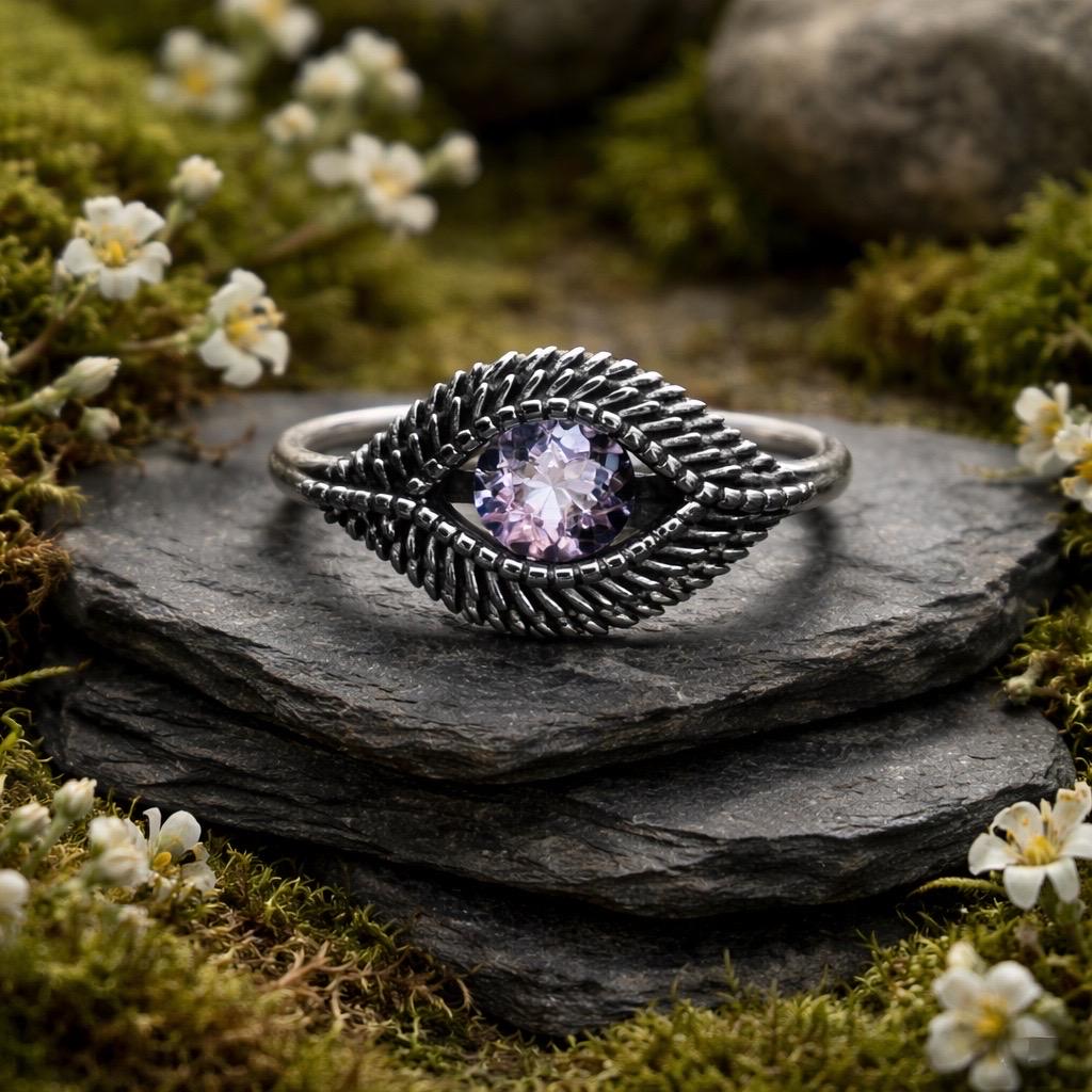 Evil Eye Ring with Amethyst in 925 Sterling Silver & Adjustable Band