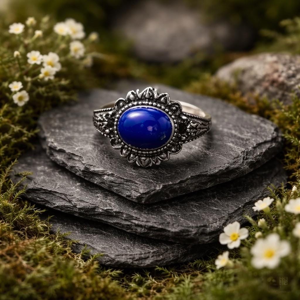 Lapis Lazuli Ring in 925 Sterling Silver with Adjustable Band Celtic Dragon Jewellery