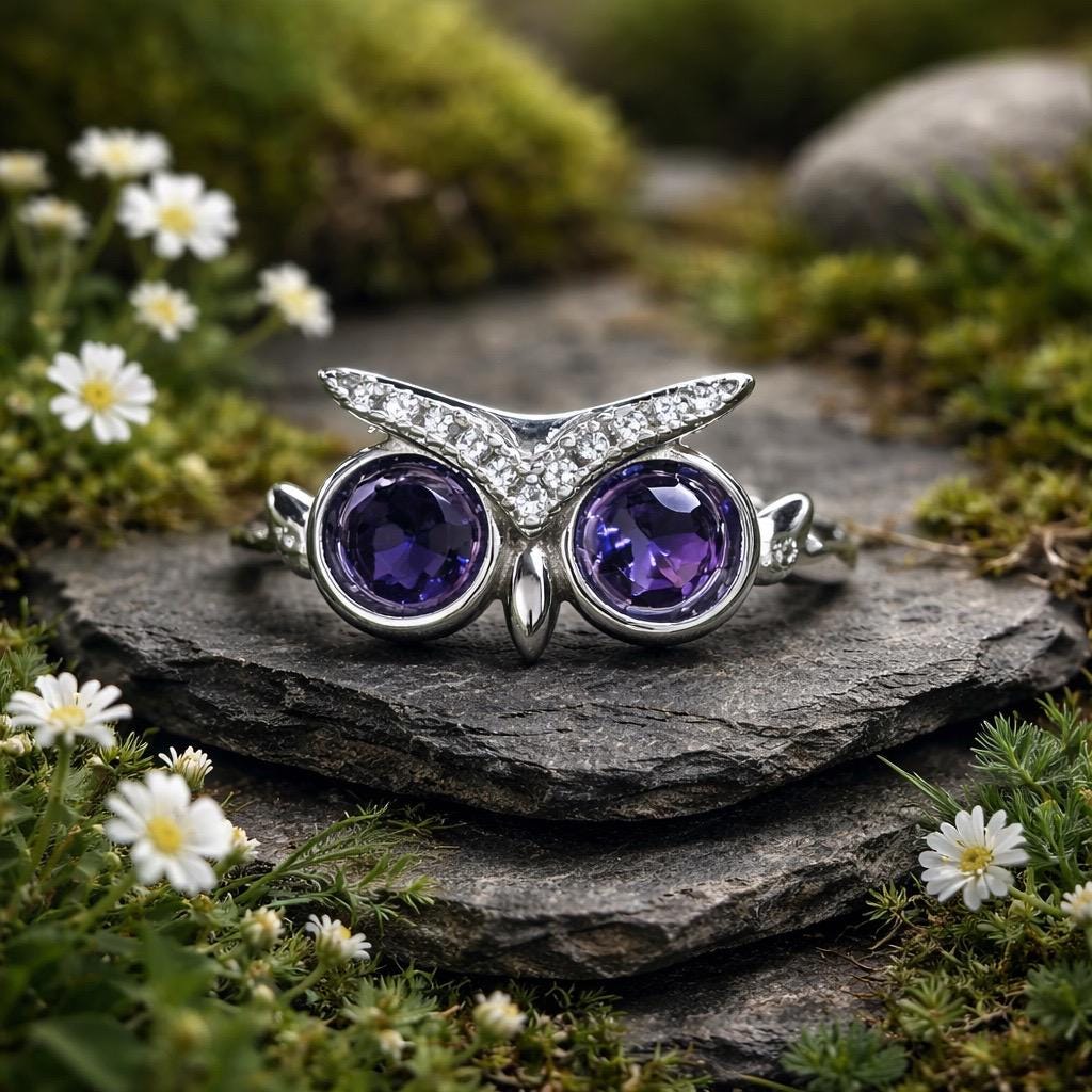 Owl Ring with Amethyst Eyes in 925 Sterling Silver – Adjustable Woodland Gothic Jewellery Celtic Dragon Jewellery