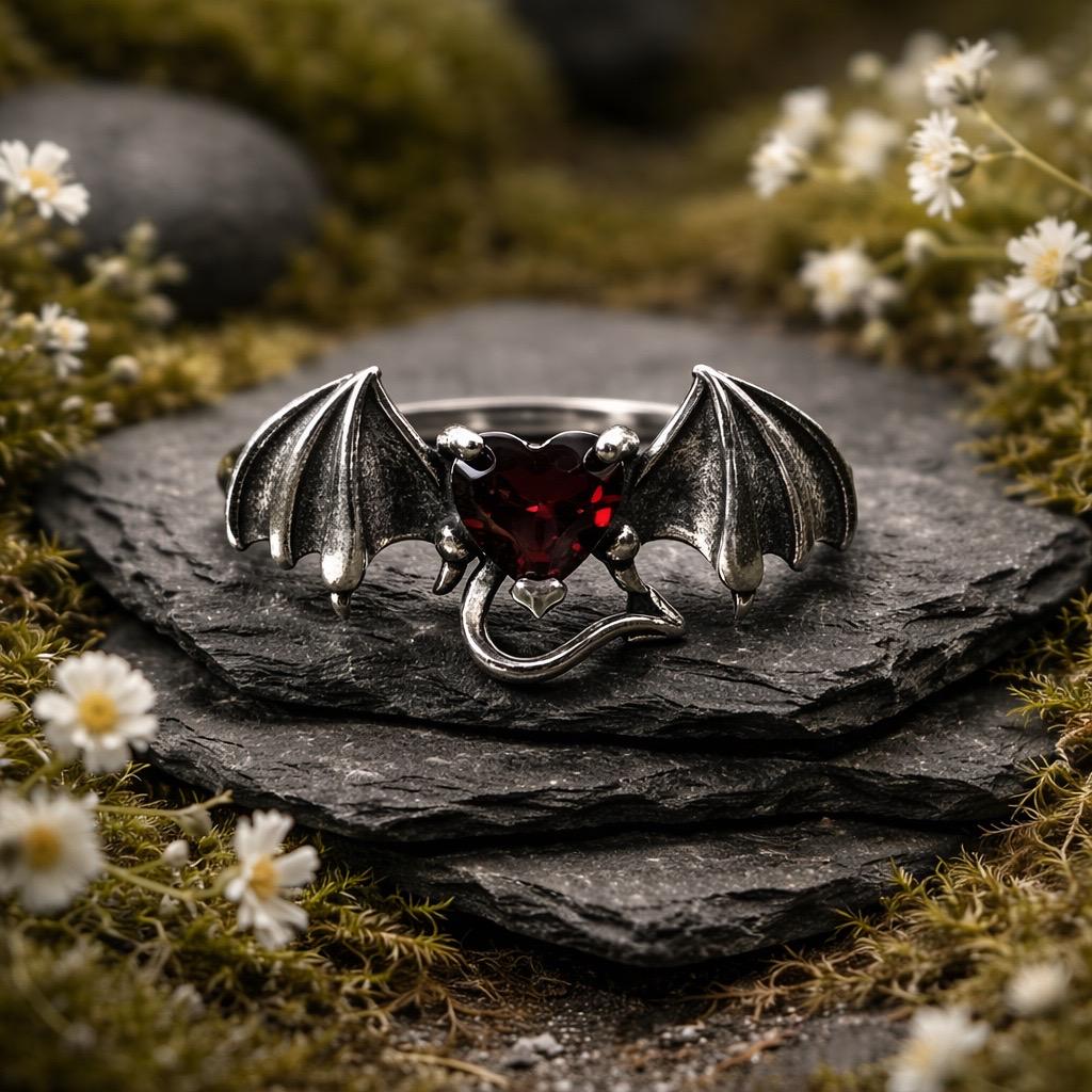 Garnet Bat Ring • 925 Sterling Silver • Vampire Fantasy Jewellery • Adjustable with Gift Box Celtic Dragon Jewellery