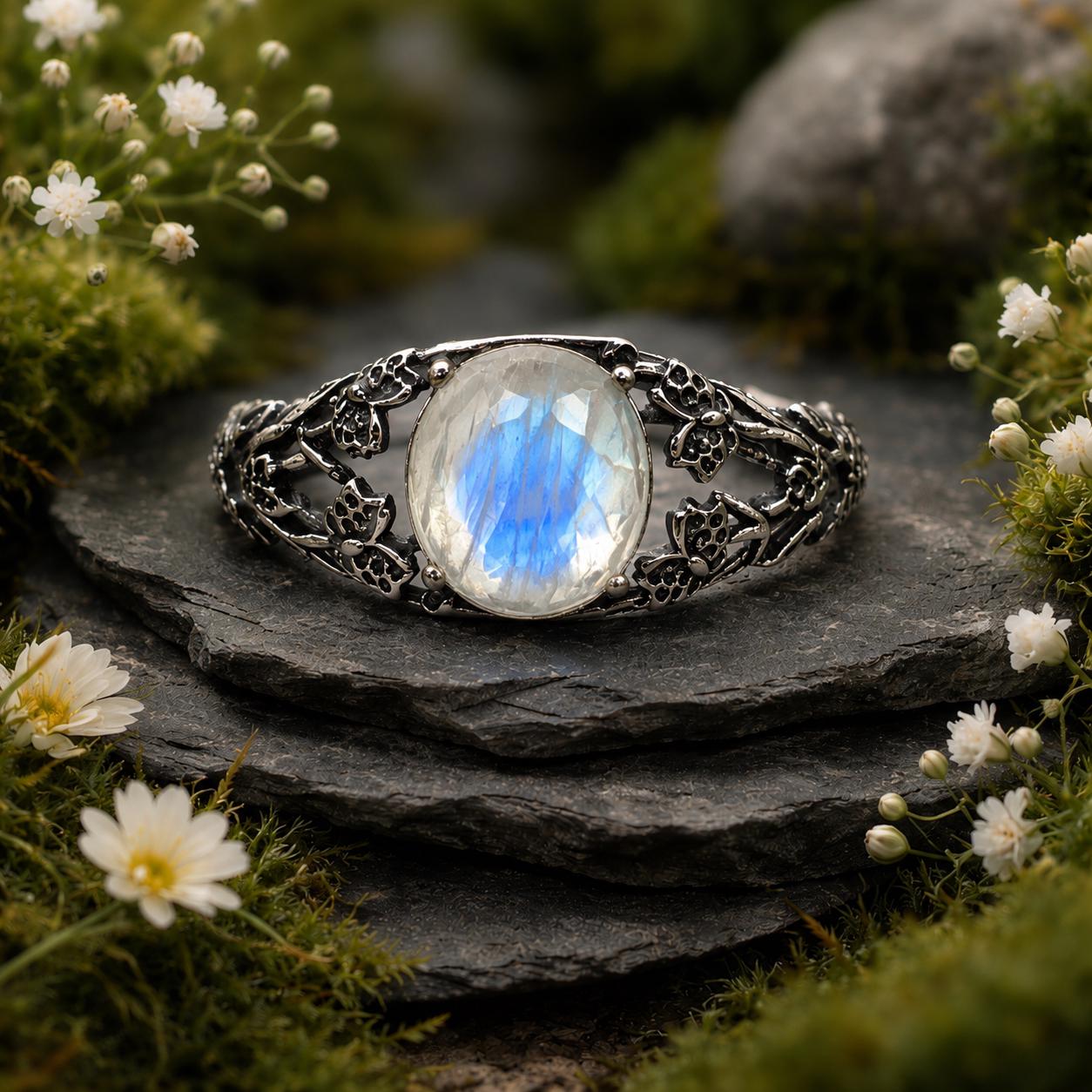 Butterfly Ring with Faceted Moonstone in 925 Sterling Silver & Adjustable Band Celtic Dragon Jewellery