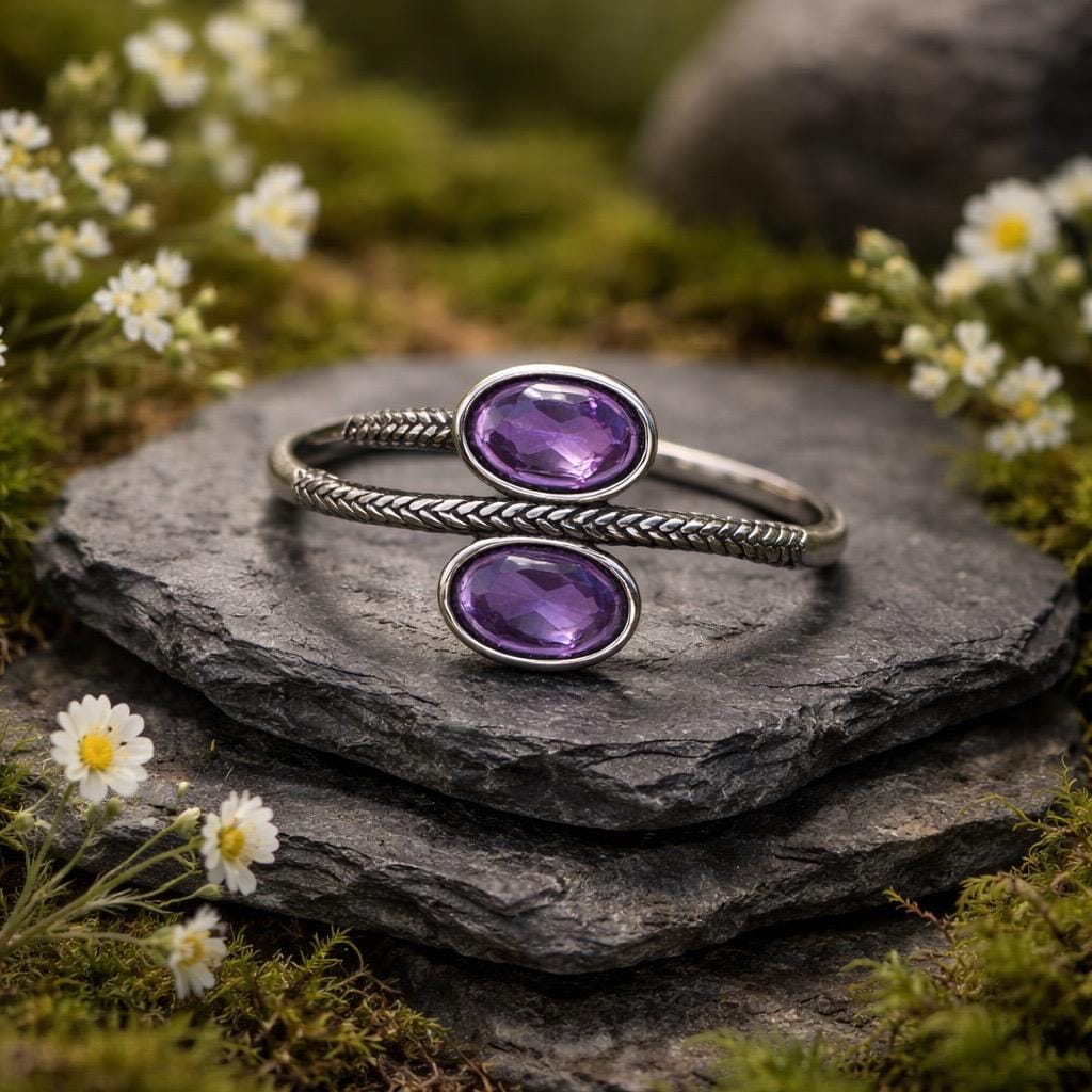 Double Amethyst Ring in 925 Sterling Silver with Adjustable Band Celtic Dragon Jewellery