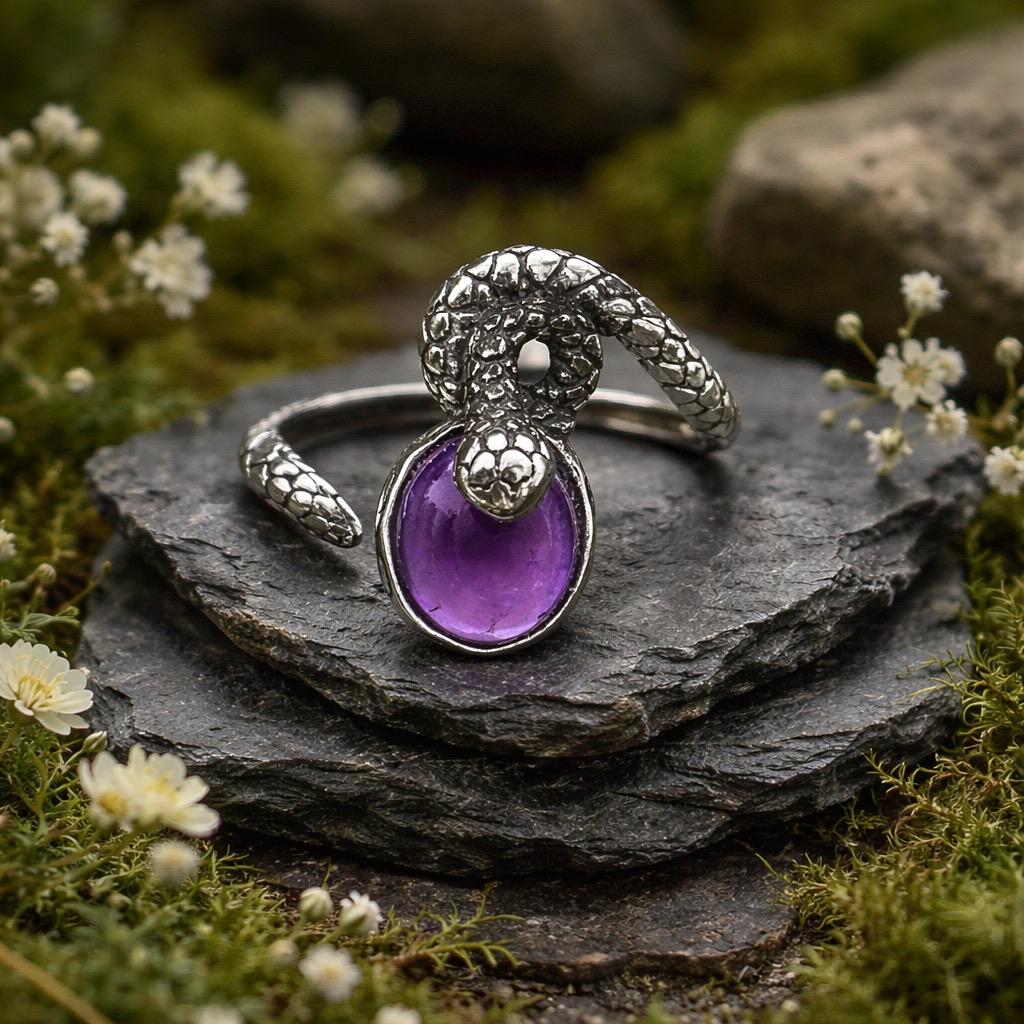 Snake Ring with Amethyst in 925 Sterling Silver - Adjustable Gothic Serpent Jewellery Celtic Dragon Jewellery