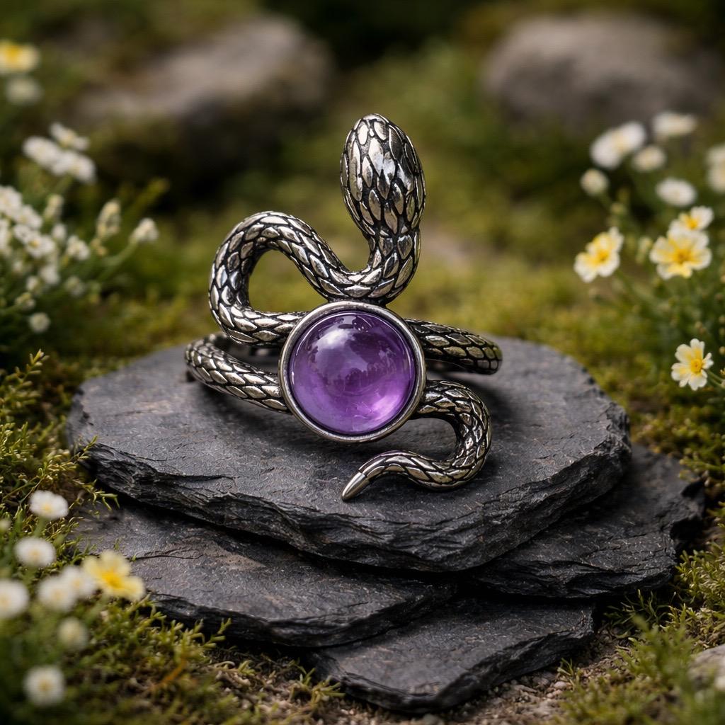 Snake Ring with Amethyst in 925 Sterling Silver - Serpent Statement, Adjustable Gothic Jewellery Celtic Dragon Jewellery