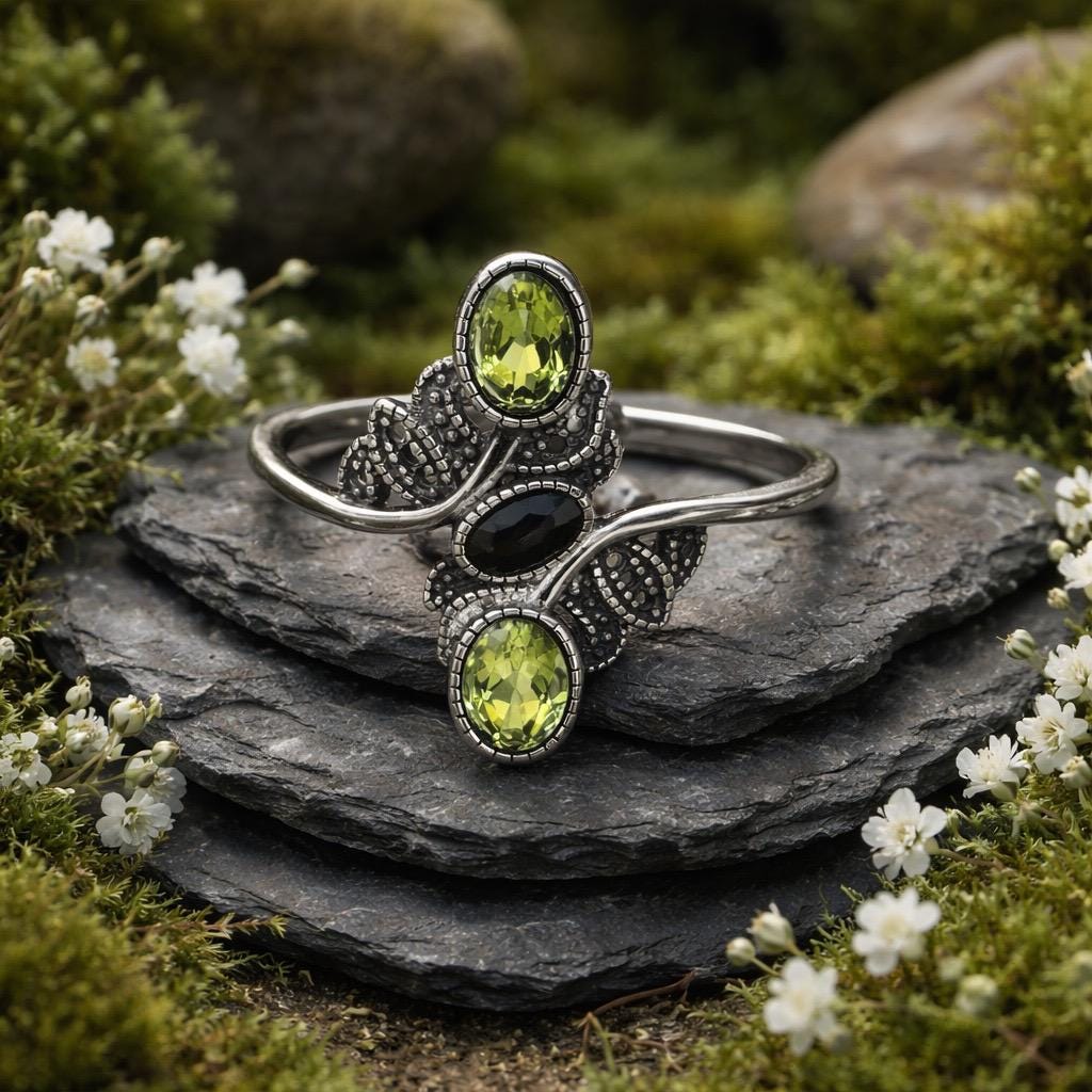 Peridot & Black Spinel Ring in 925 Sterling Silver - Adjustable Goth Statement Jewellery Celtic Dragon Jewellery