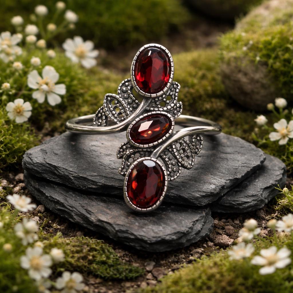 Triple Garnet Ring in 925 Sterling Silver - Adjustable Goth Statement Jewellery Celtic Dragon Jewellery