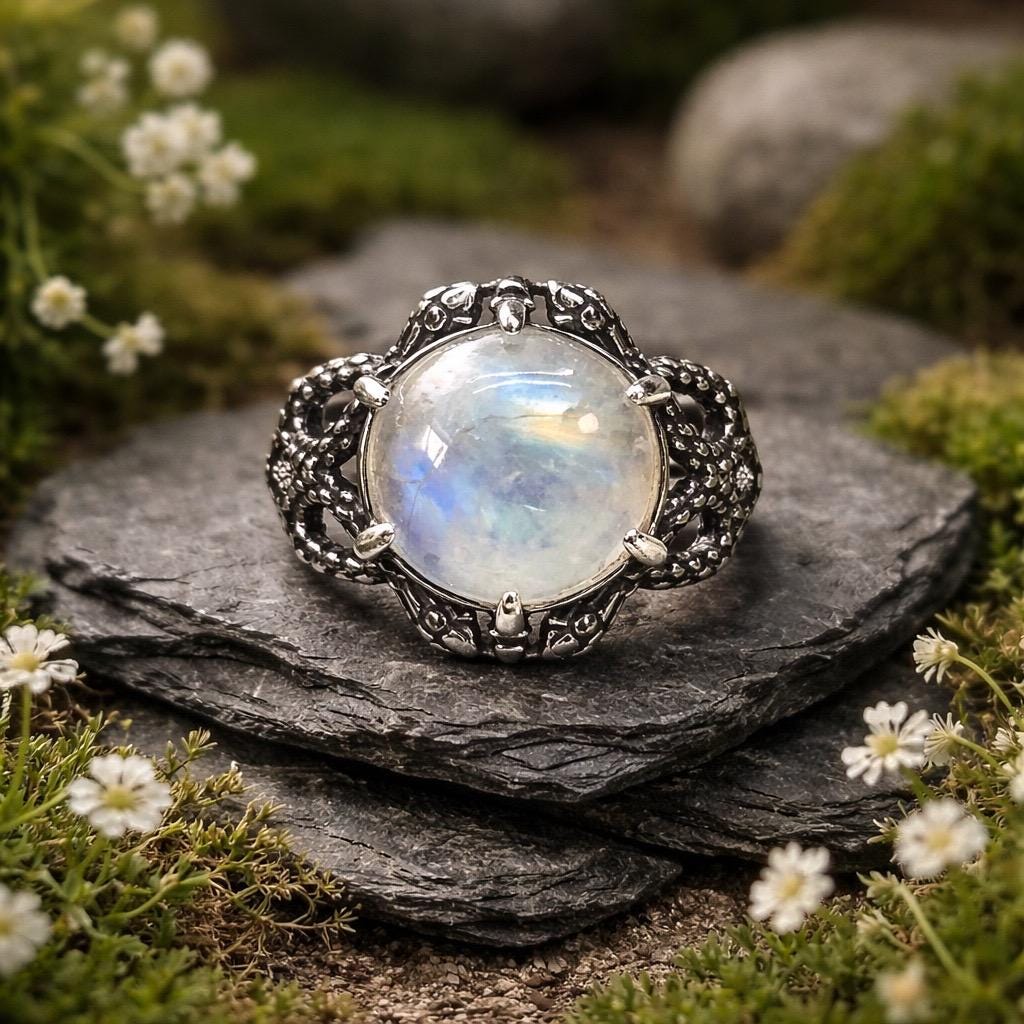 Snake Ring with Rainbow Moonstone in 925 Sterling Silver - Adjustable Gothic Serpent Jewellery Celtic Dragon Jewellery