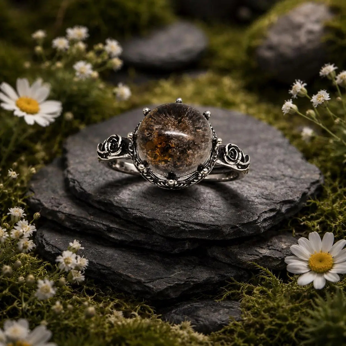 Garden Quartz Ring with Rose Design in 925 Sterling Silver - Adjustable Band Celtic Dragon Jewellery