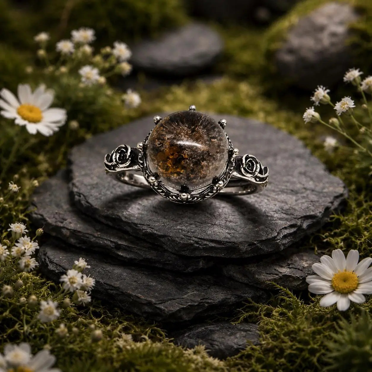 Garden Quartz Ring with Rose Design in 925 Sterling Silver - Adjustable Band Celtic Dragon Jewellery