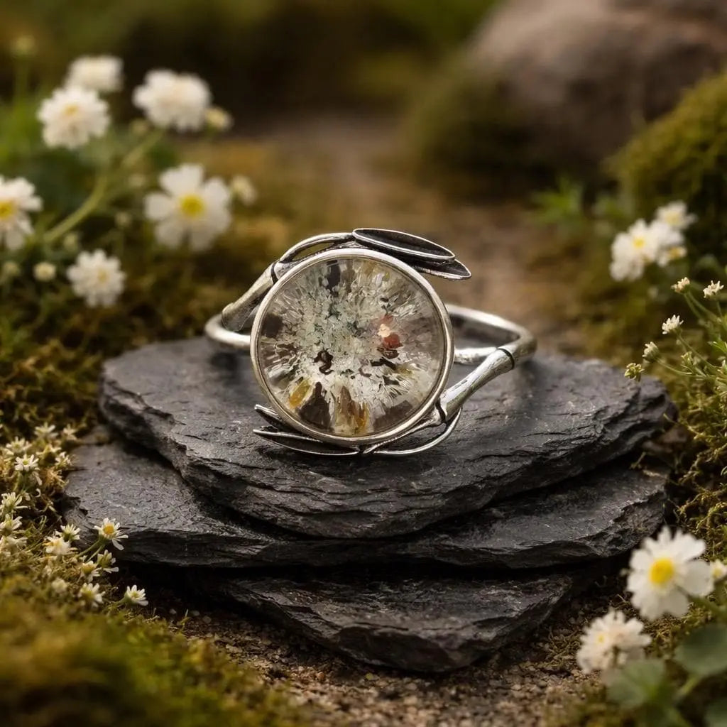 Garden Quartz Ring with Bamboo Leaf Design in 925 Sterling Silver - Adjustable Band Celtic Dragon Jewellery
