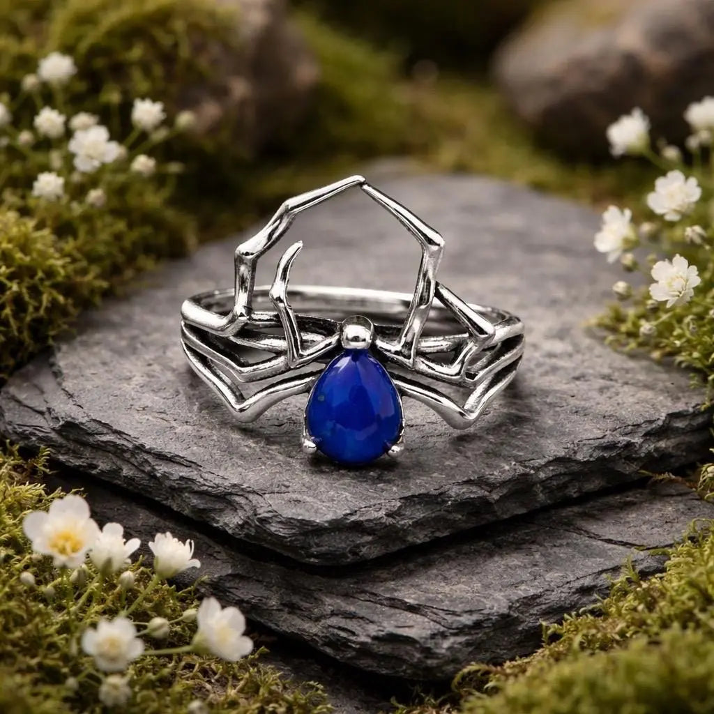 Spider Ring With Lapis Lazuli in 925 Sterling Silver - Adjustable Gothic Jewellery Celtic Dragon Jewellery