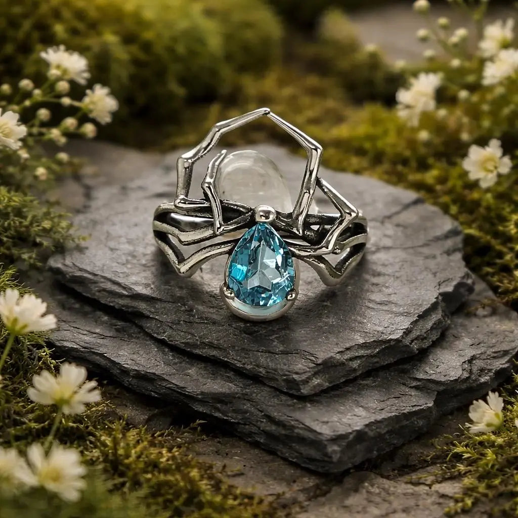 Spider Ring With Blue Topaz in 925 Sterling Silver - Adjustable Gothic Jewellery Celtic Dragon Jewellery