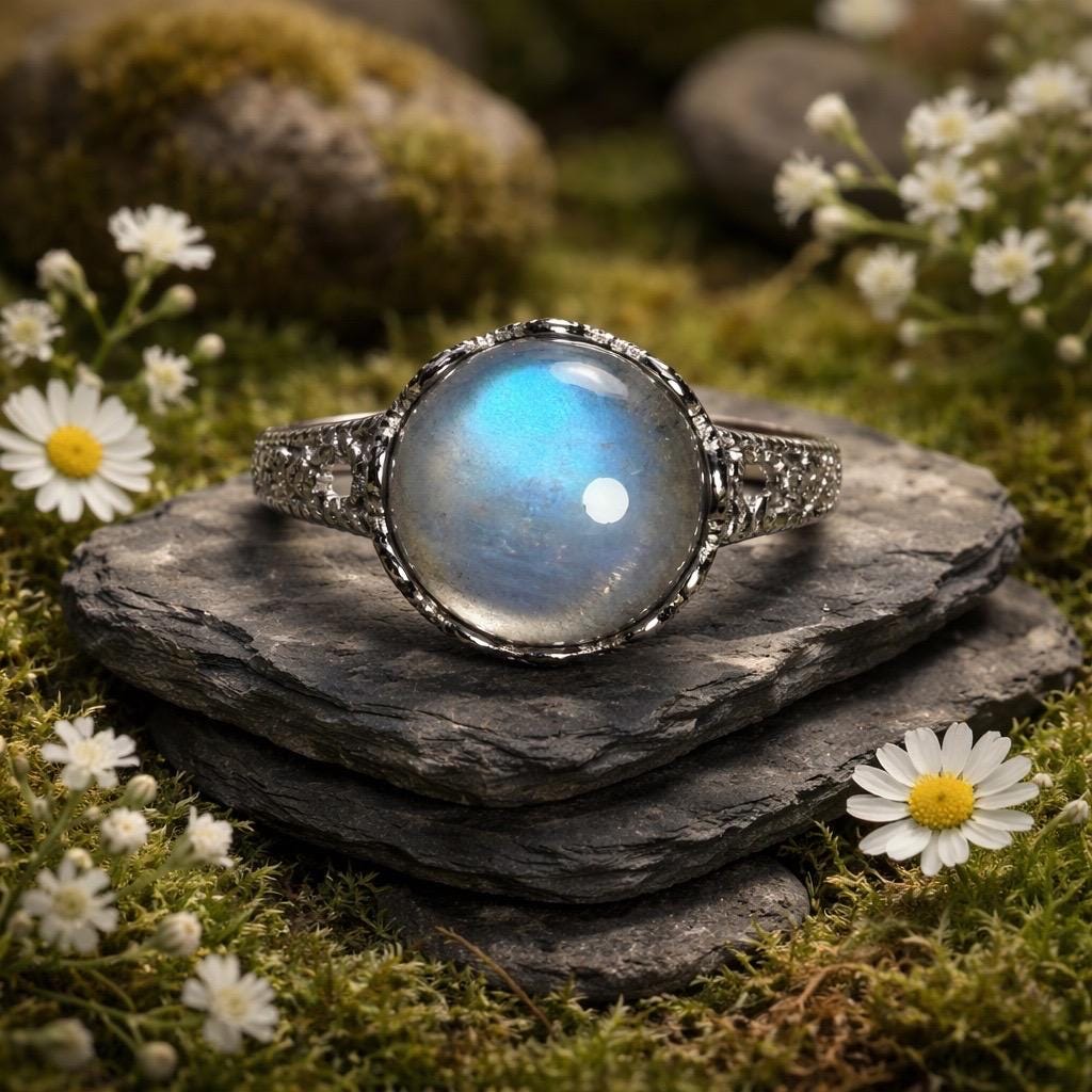 Blue Labradorite Statement Ring in 925 Sterling Silver & Adjustable Band Celtic Dragon Jewellery