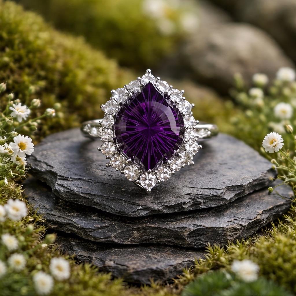 Amethyst Halo Ring - Elliptical Gemstone in 925 Sterling Silver with Adjustable Band