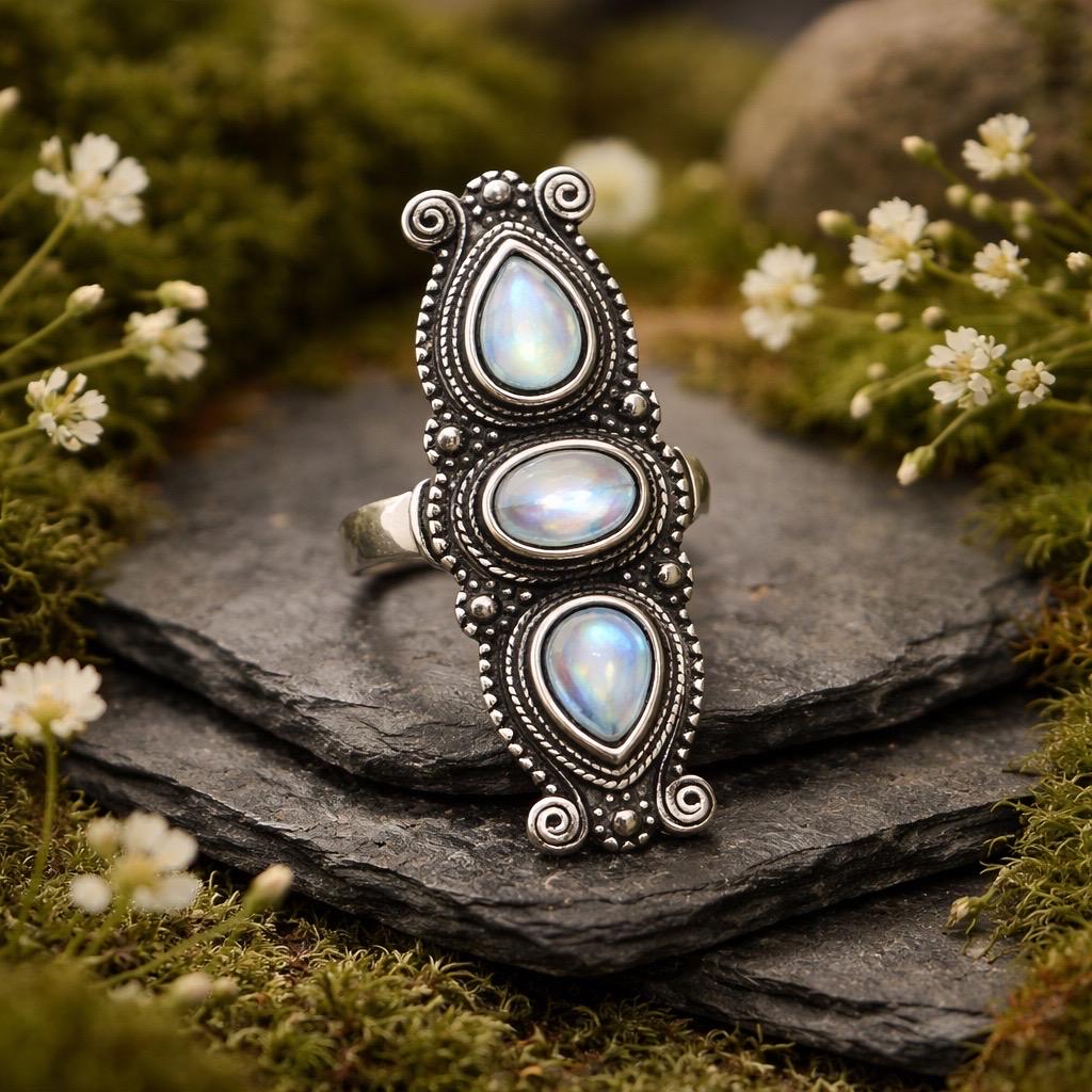 Triple Moonstone Ring in 925 Sterling Silver - Adjustable Gothic Statement Jewellery Celtic Dragon Jewellery