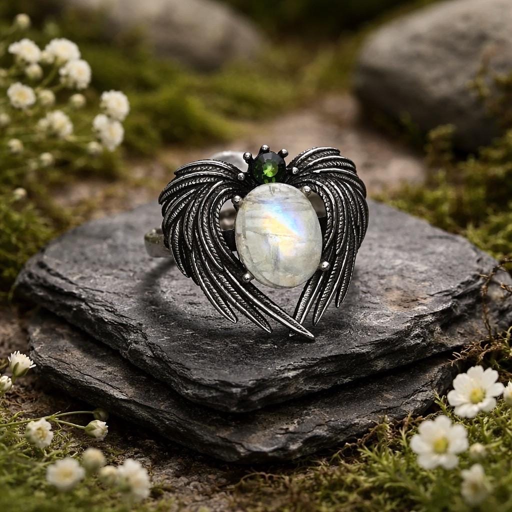 Angel Wings Ring With Moonstone & Diopside in 925 Sterling Silver - Adjustable Statement Jewellery Celtic Dragon Jewellery