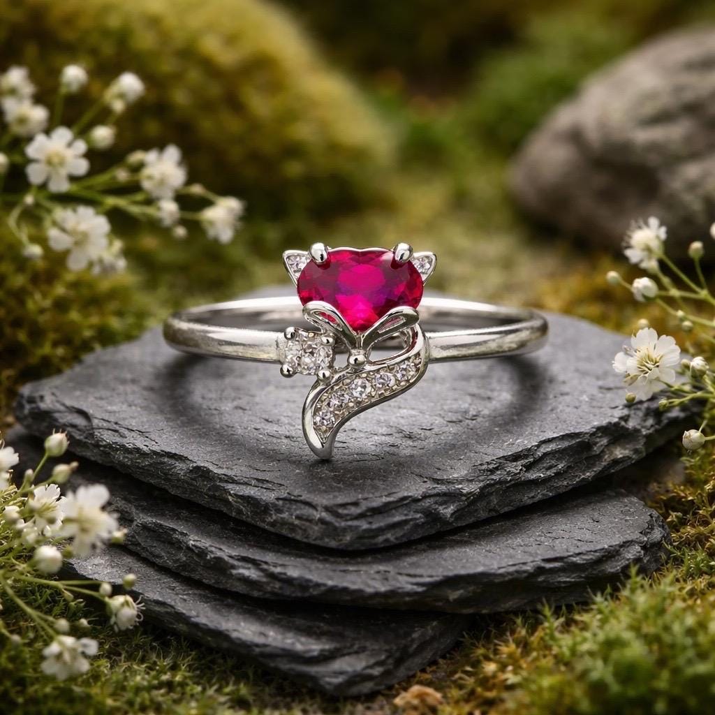 Fox Ring With Pink Topaz & CZ Accents in 925 Sterling Silver - Adjustable Animal Jewellery Celtic Dragon Jewellery