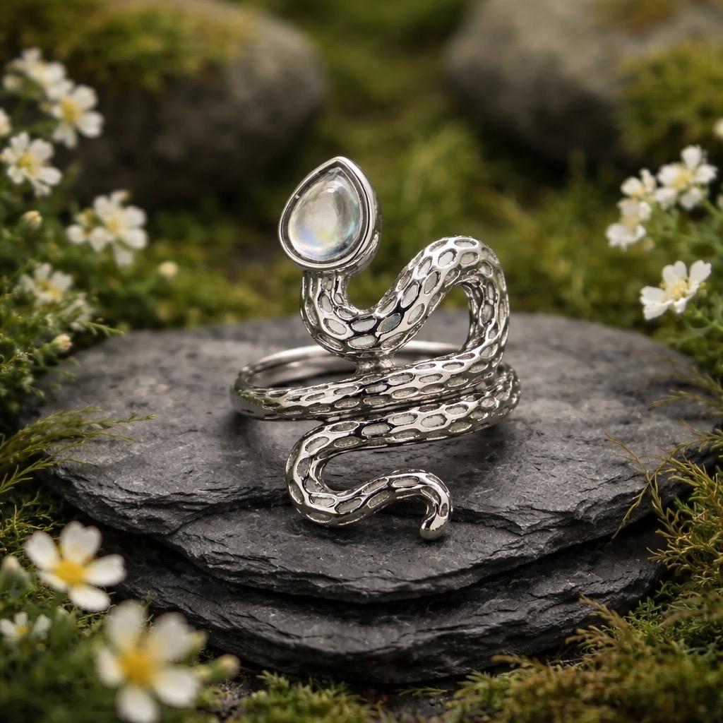 Snake Ring With Moonstone in 925 Sterling Silver - Adjustable Gothic Serpent Jewellery Celtic Dragon Jewellery