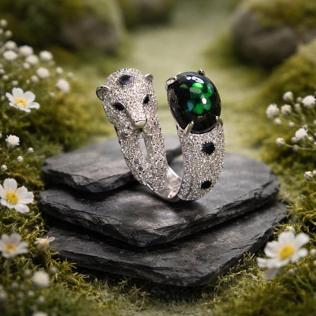 Leopard Statement Ring With Black Opal in 925 Sterling Silver - Adjustable Animal Jewellery Celtic Dragon Jewellery