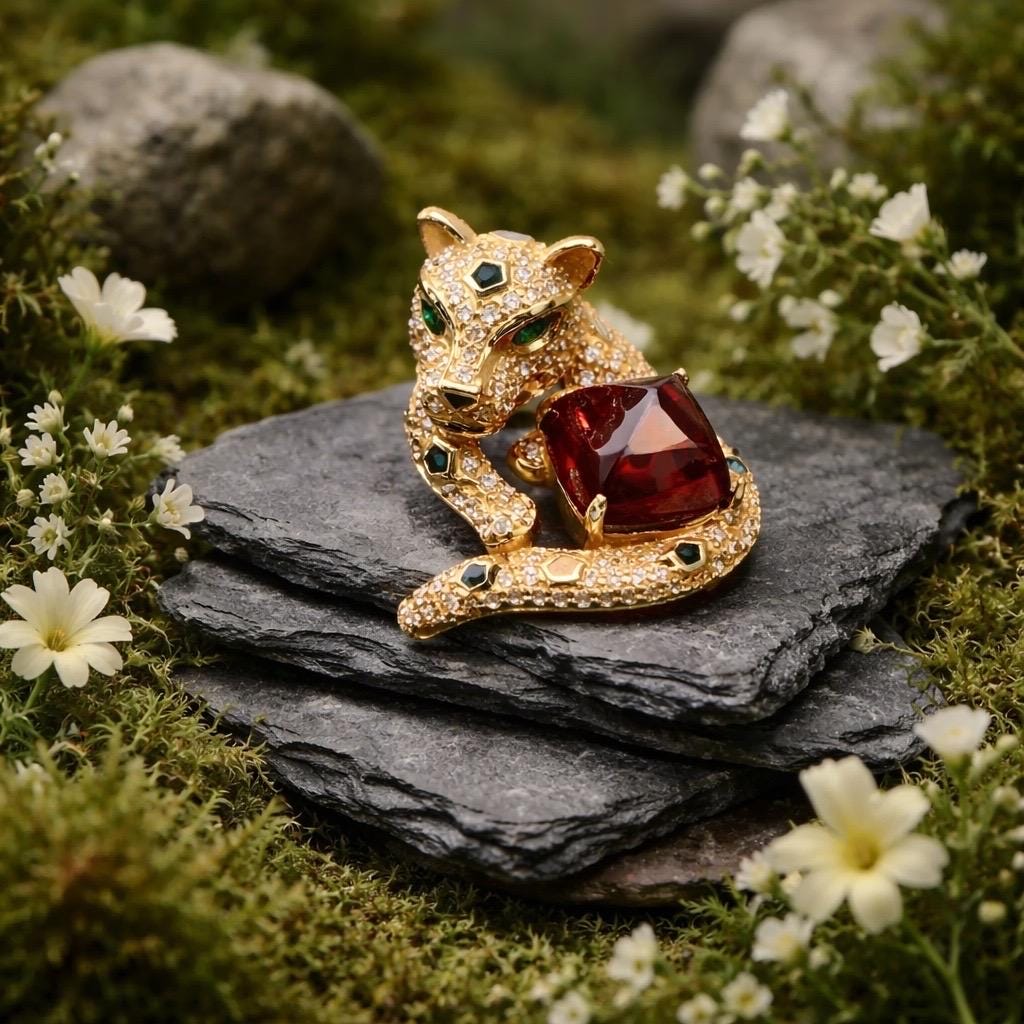 Leopard Statement Ring – Gold Plated Sterling Silver, Orange Garnet, CZ Eyes Celtic Dragon Jewellery