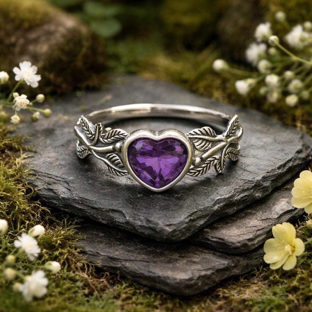Amethyst Heart Ring with Leaf Design in 925 Sterling Silver - Adjustable Romantic Jewellery Celtic Dragon Jewellery