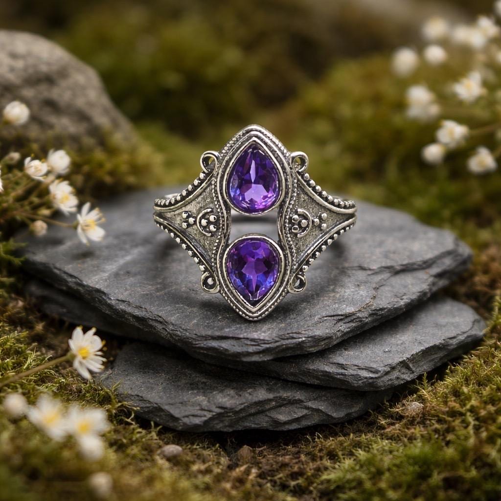 Double Amethyst Teardrop Ring in 925 Sterling Silver - Adjustable Gothic Jewellery Celtic Dragon Jewellery