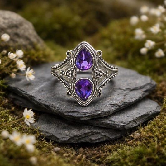 Double Amethyst Teardrop Ring in 925 Sterling Silver - Adjustable Gothic Jewellery Celtic Dragon Jewellery
