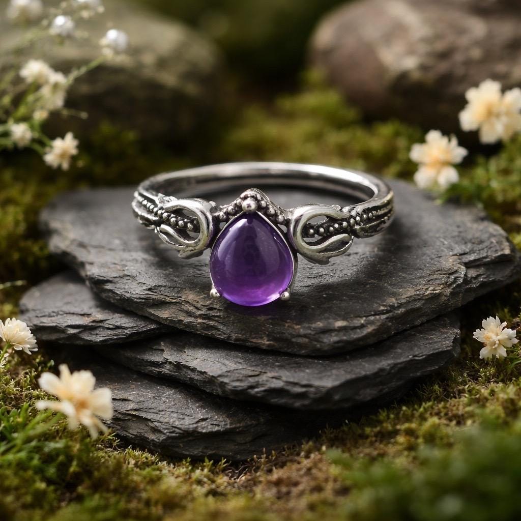 Amethyst Teardrop Ring in 925 Sterling Silver - Adjustable Gothic Romance Jewellery Celtic Dragon Jewellery