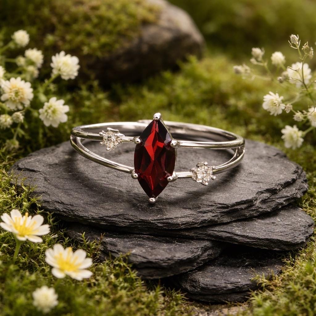 Garnet Ring With CZ Accents in  925 Sterling Silver - Adjustable Minimalist Jewellery Celtic Dragon Jewellery