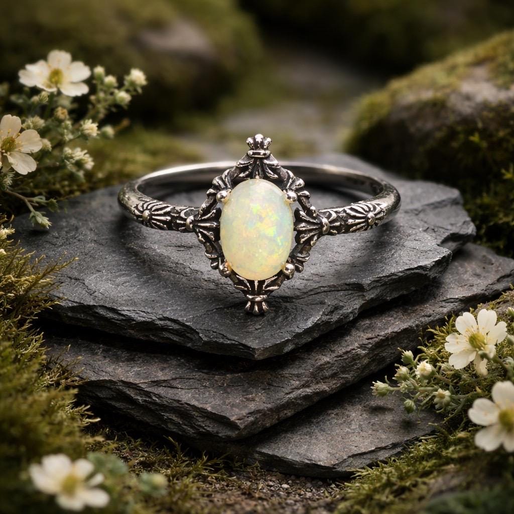 Fleur De Lys Ring with Opal in 925 Sterling Silver - Adjustable Statement Jewellery Celtic Dragon Jewellery