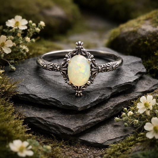 Fleur De Lys Ring with Opal in 925 Sterling Silver - Adjustable Statement Jewellery Celtic Dragon Jewellery