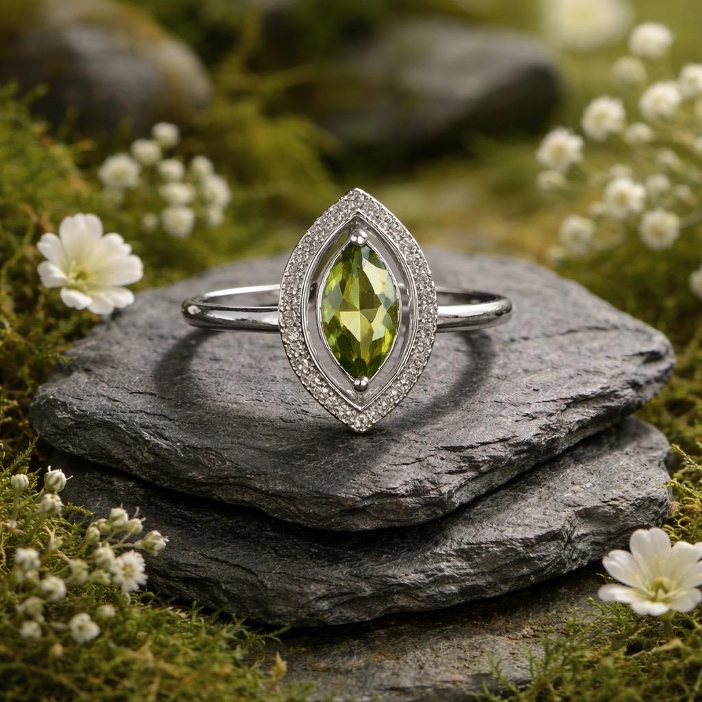 Shell Ring with Marquise Cut Peridot in 925 Sterling Silver - Adjustable Minimalist Jewellery Celtic Dragon Jewellery