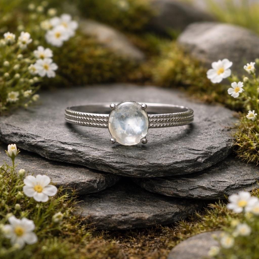 White Moonstone Ring in 925 Sterling Silver - Adjustable Minimalist Jewellery Celtic Dragon Jewellery