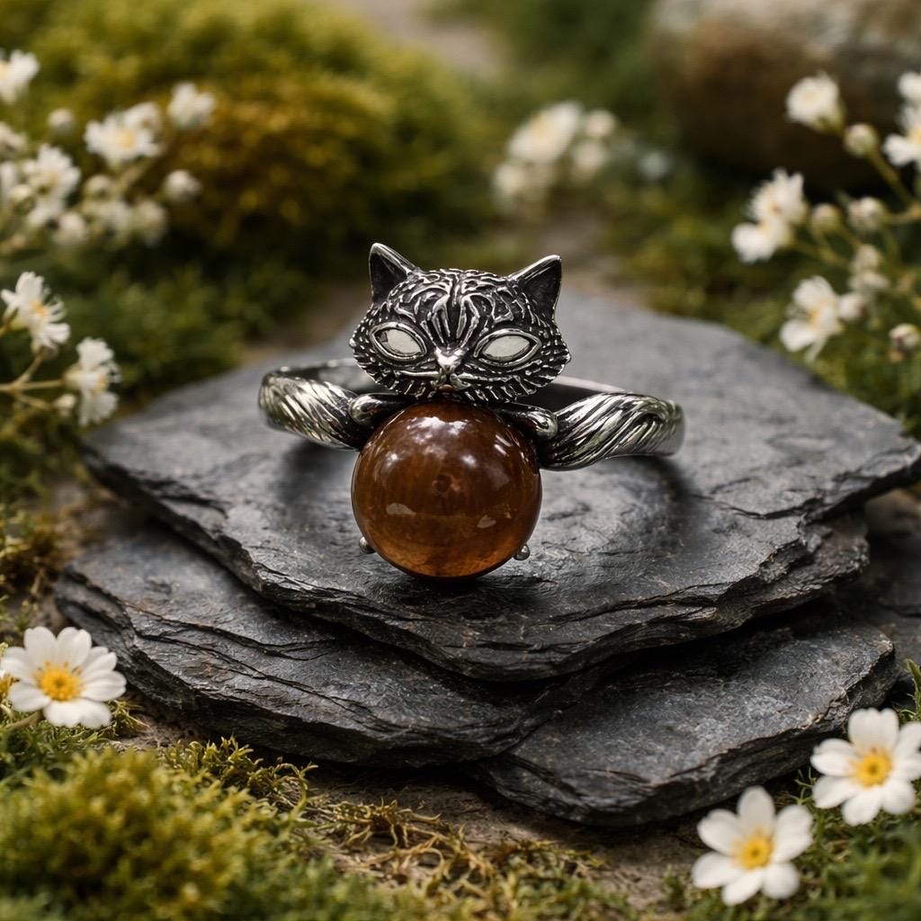 Fox Ring with Rabbit Hair Quartz in 925 Sterling Silver - Adjustable Animal Jewellery Celtic Dragon Jewellery