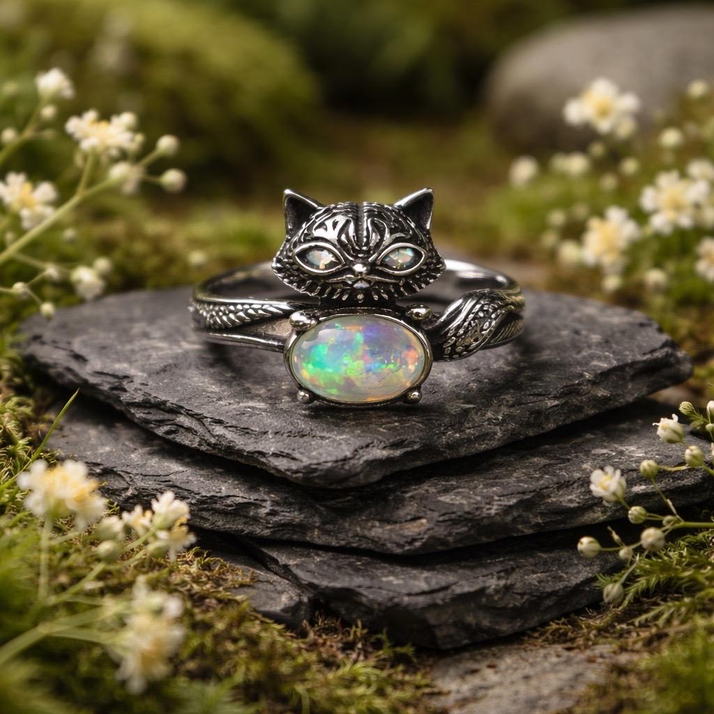 Fox Ring With Opal in 925 Sterling Silver - Adjustable Animal Jewellery Celtic Dragon Jewellery