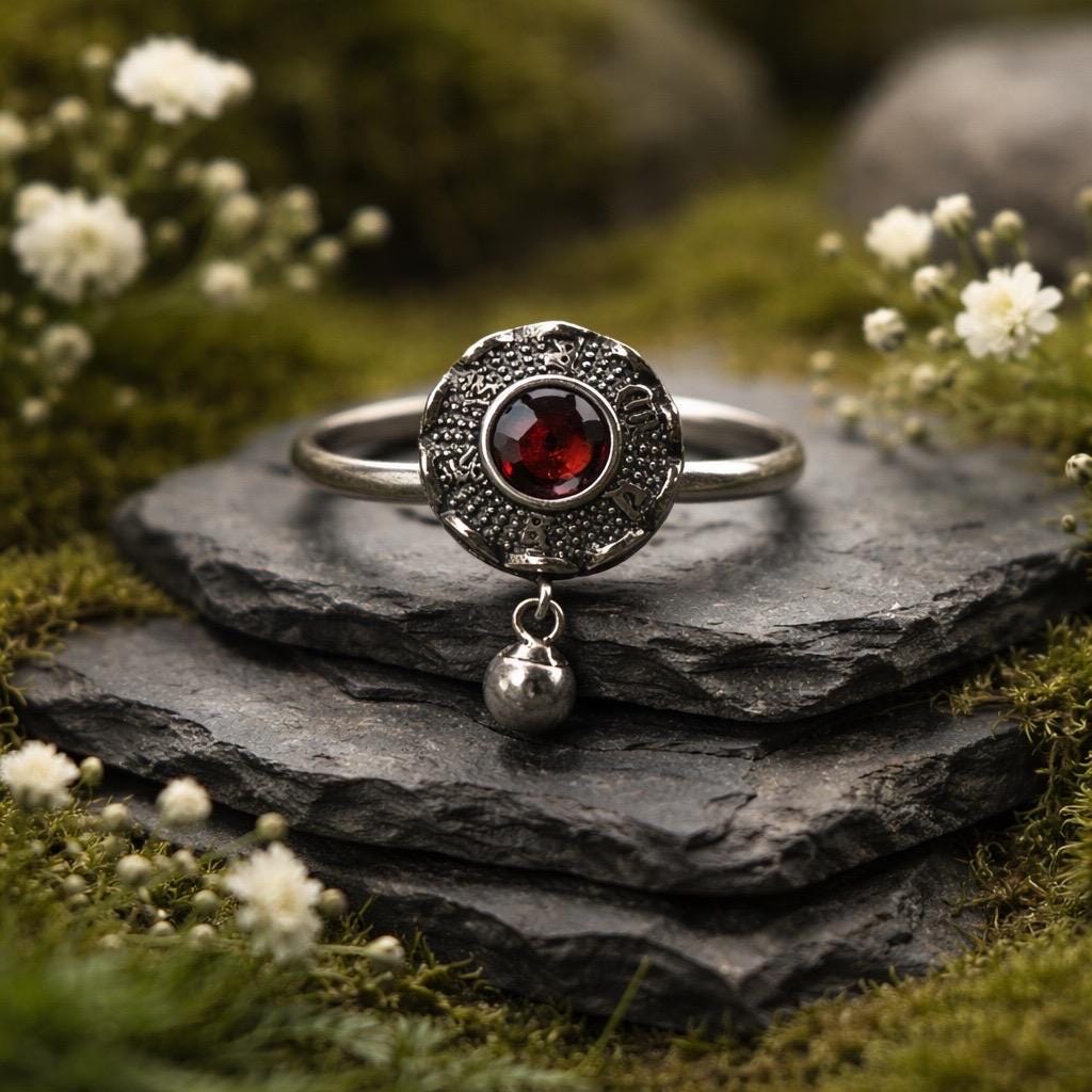 Lotus Flower Spinner Ring With Garnet in 925 Sterling Silver - Adjustable Band Celtic Dragon Jewellery