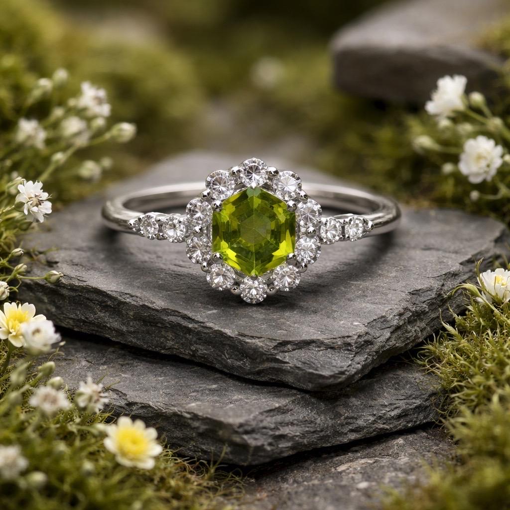 Peridot Cluster Ring with CZ Accents in 925 Sterling Silver - Adjustable Gemstone Jewellery Celtic Dragon Jewellery