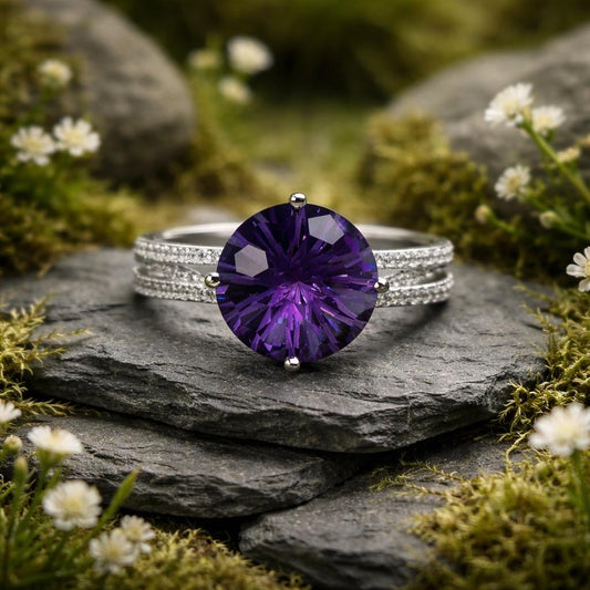Large Amethyst Solitaire Ring in 925 Sterling Silver with Adjustable Triple Band Celtic Dragon Jewellery