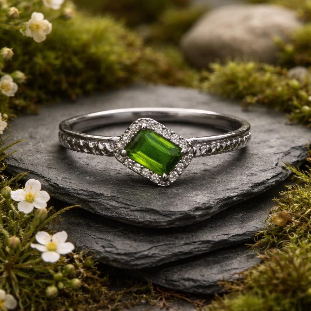 Chrome Diopside Ring: 925 Silver CZ Gemstone, Adjustable Minimalist Jewellery Celtic Dragon Jewellery