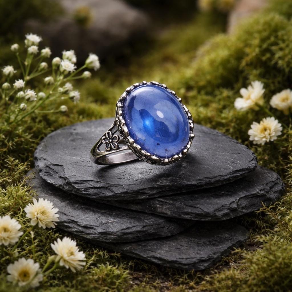 Oval Blue Fluorite Ring, 925 Sterling Silver, Adjustable Statement Jewellery Celtic Dragon Jewellery