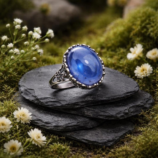 Oval Blue Fluorite Ring, 925 Sterling Silver, Adjustable Statement Jewellery Celtic Dragon Jewellery