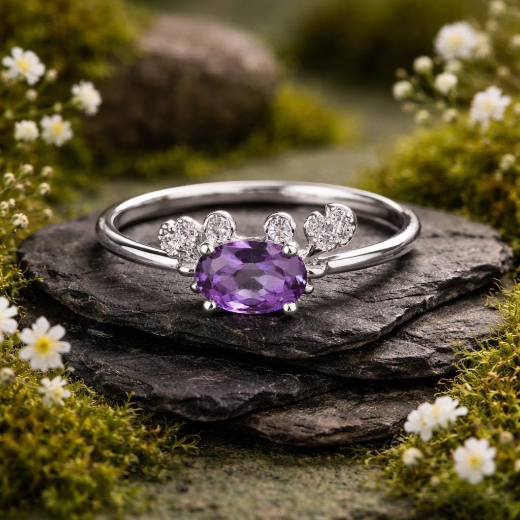 Amethyst Crab Ring with CZ Accents in 925 Sterling Silver - Adjustable Zodiac Jewellery Celtic Dragon Jewellery