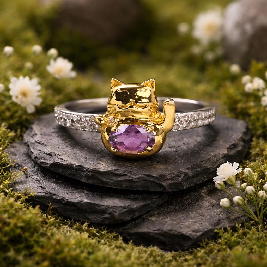 Maneki Neko Lucky Cat Ring – Sterling Silver, Amethyst, CZ Accents Celtic Dragon Jewellery