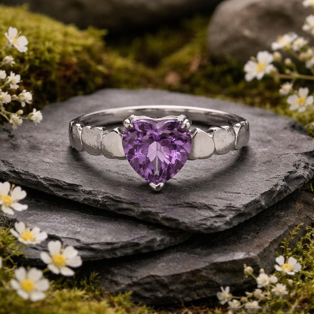 Amethyst Heart Ring 925 Silver - Stamped Heart Band Adjustable Promise Jewellery Celtic Dragon Jewellery