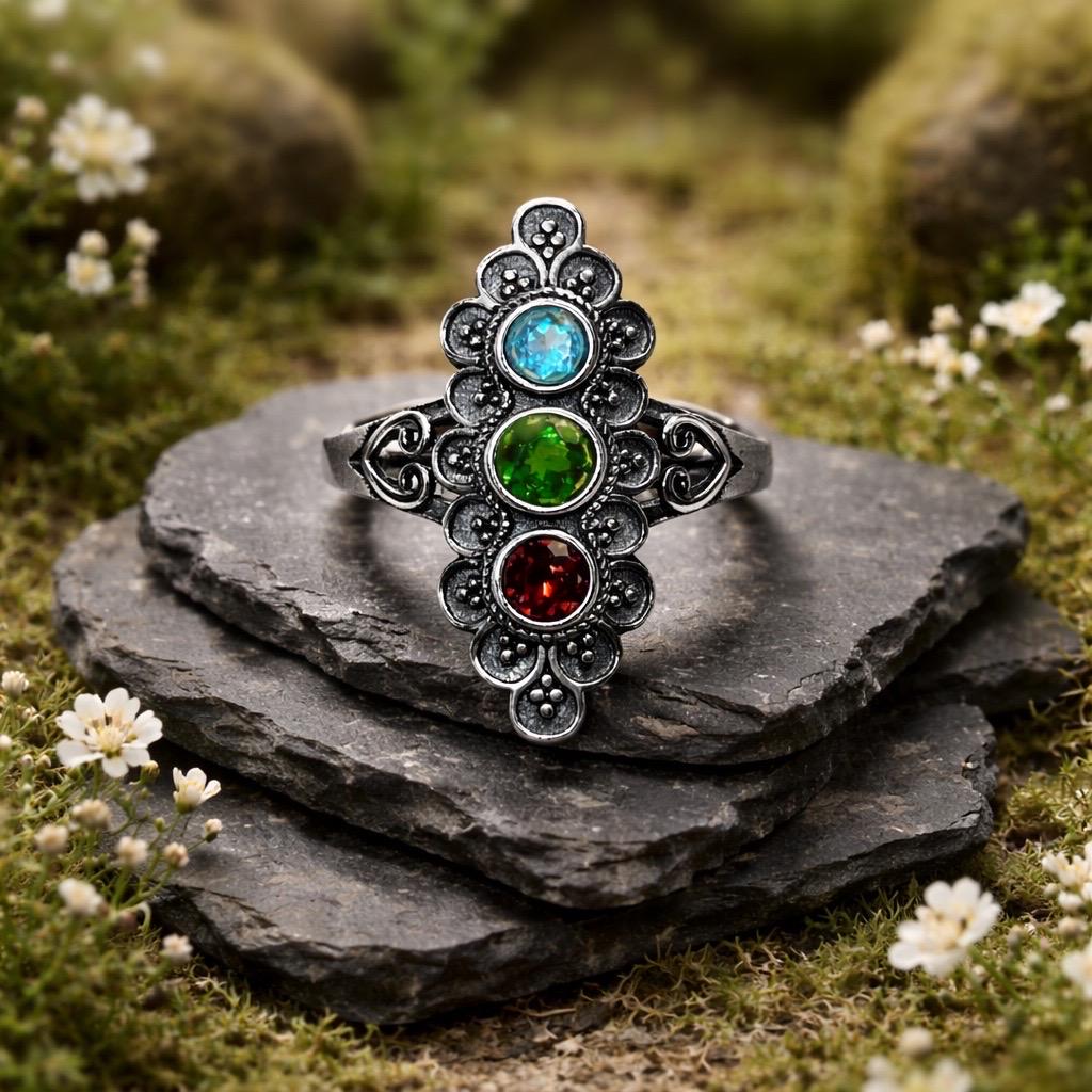 Triple Gemstone Ring with Garnet, Topaz & Diopside, Set in Ornate 925 Sterling Silver Setting Celtic Dragon Jewellery