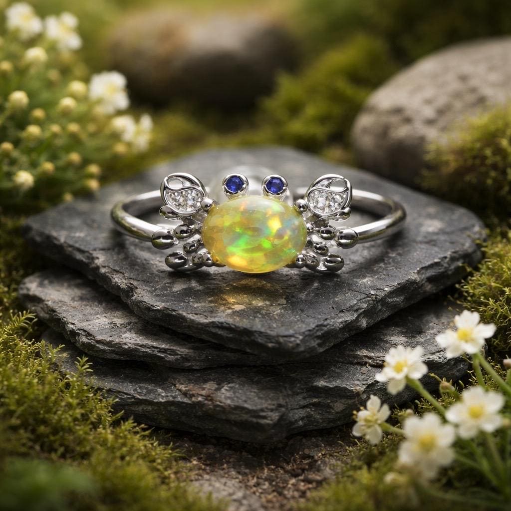 Crab Ring with Opal & CZ, Set in 925 Sterling Silver: Adjustable Band Celtic Dragon Jewellery