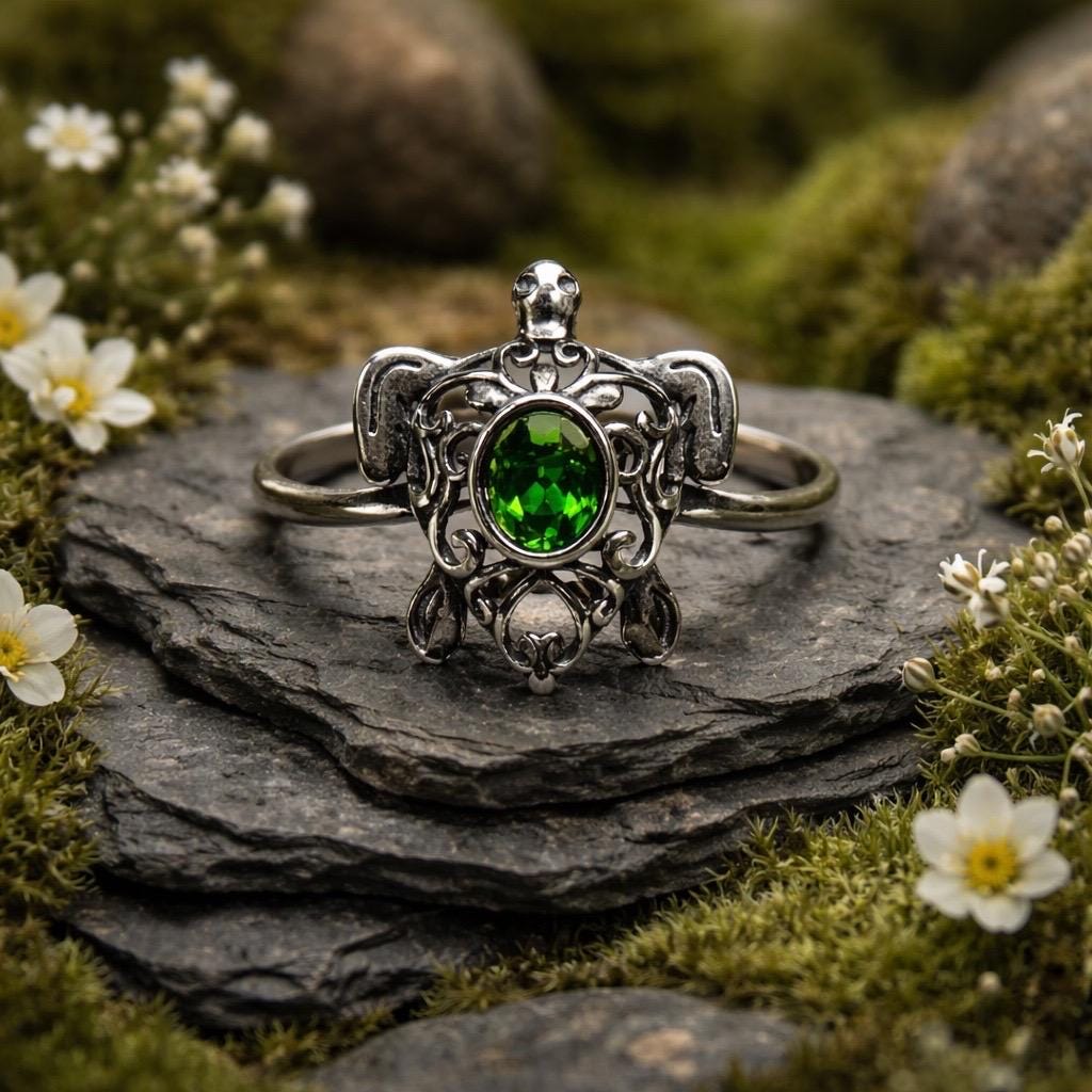 Turtle Ring with Diopside in 925 Sterling Silver, Adjustable Animal Jewellery Celtic Dragon Jewellery