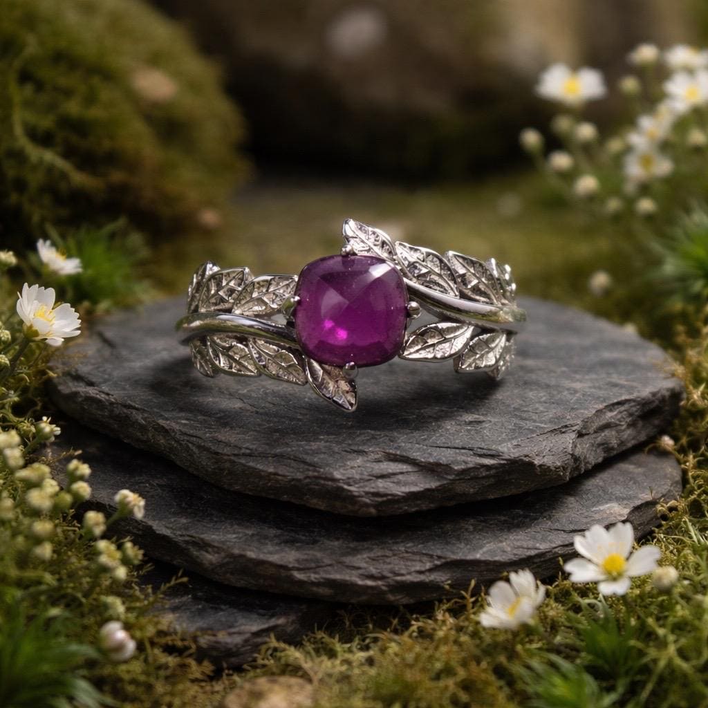 Pink Garnet Ring with Leaf Design, 925 Sterling Silver - Adjustable Solitaire Jewellery Celtic Dragon Jewellery