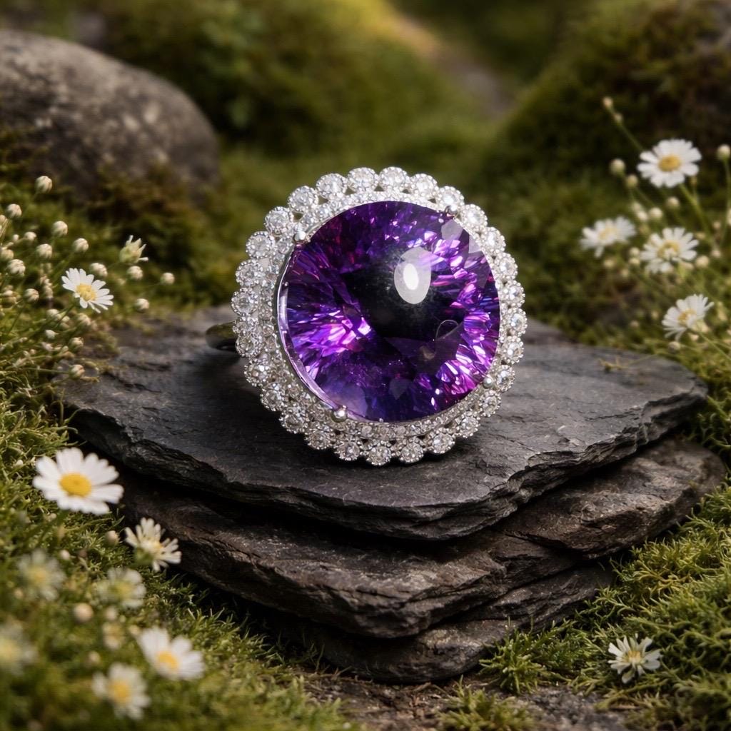 Amethyst Halo Ring with Double CZ Surround - 925 Sterling Silver - Adjustable Gothic Statement Jewellery Celtic Dragon Jewellery